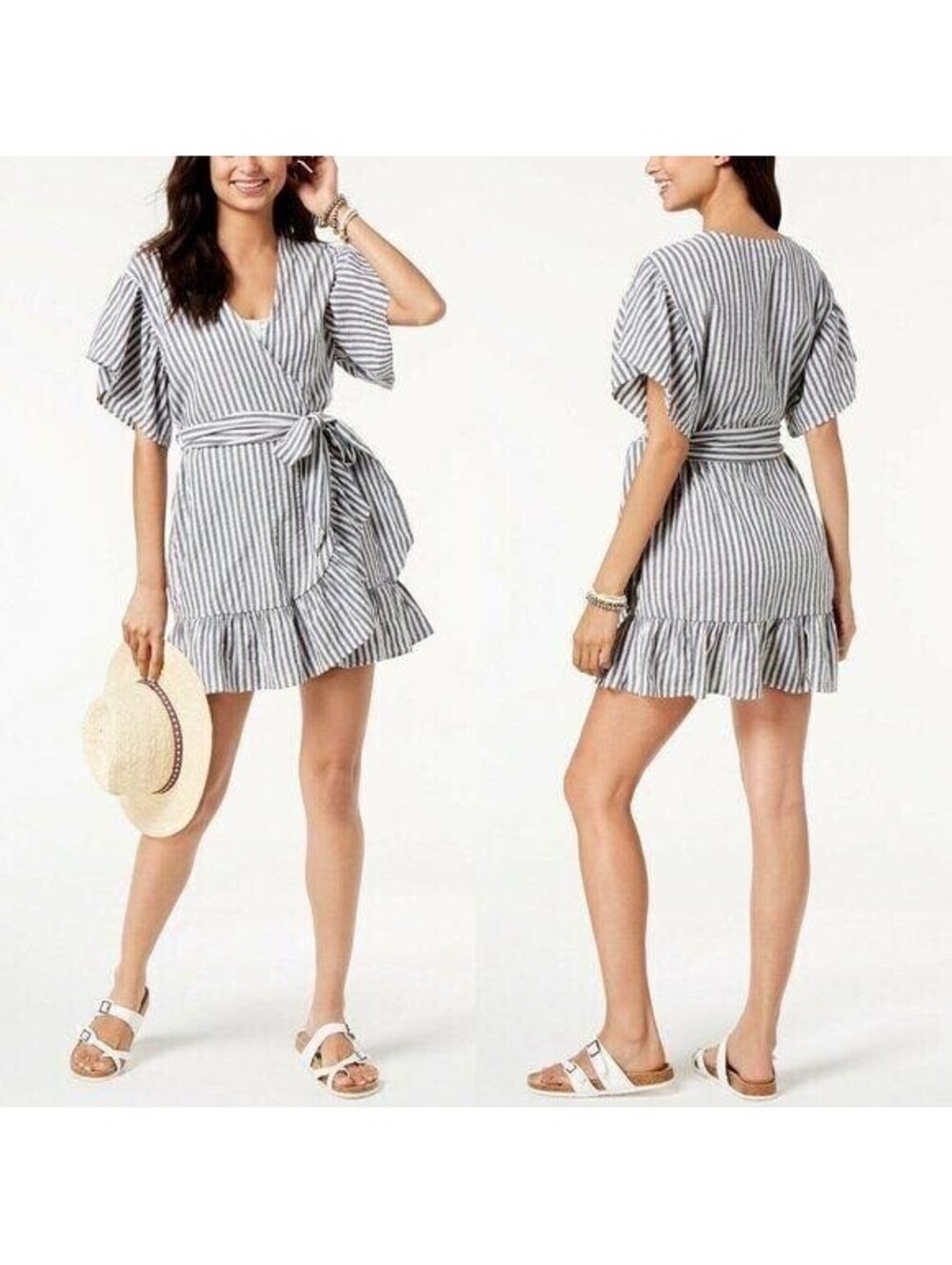 NEW Miken White Gray Striped Ruffled Wrap Cover-Up M